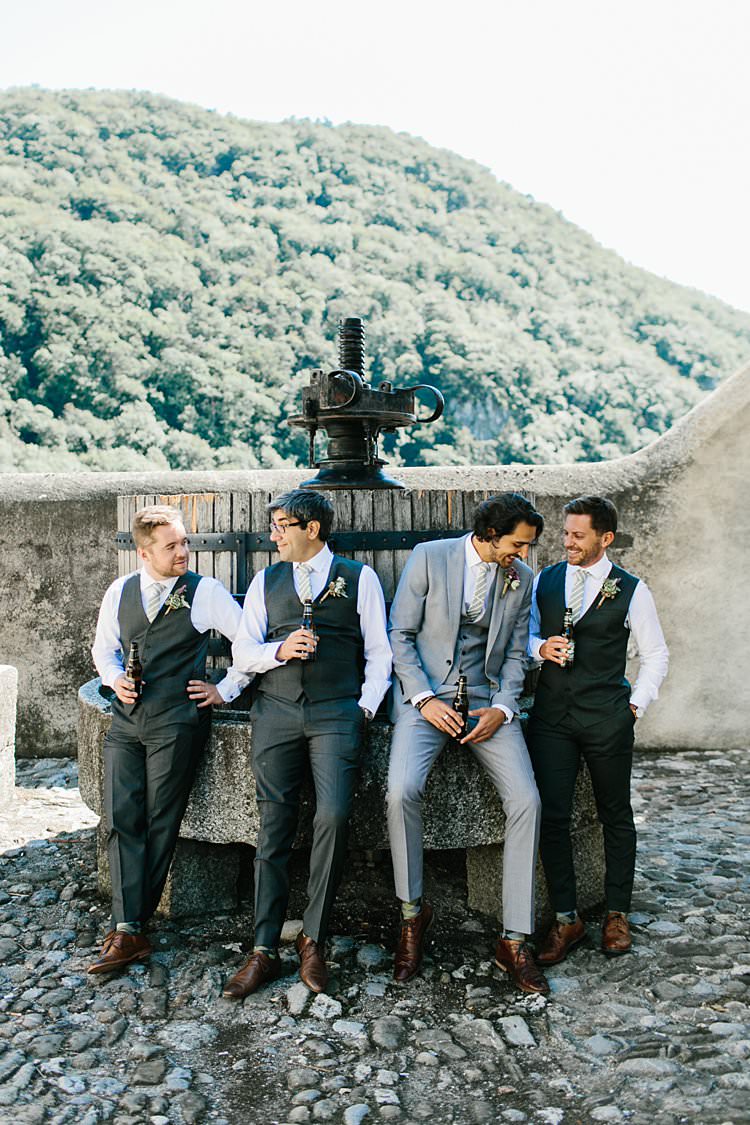 Destination Summer Mountains Vineyard Beer Groomsmen Groom Grey Green | Romantic Castle Switzerland Wedding http://kbalzerphotography.com/