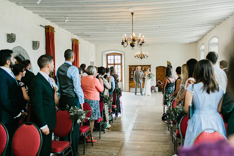 Ceremony Bride Father Wild Natural Bouquet Chandeliers Destination | Romantic Castle Switzerland Wedding http://kbalzerphotography.com/