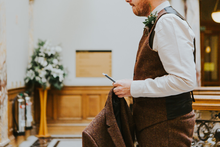 Brown Tweed Groom Suit Civil Ceremony White Flowers | Cool Edinburgh City Elopement http://www.arcadiancity.co.uk/