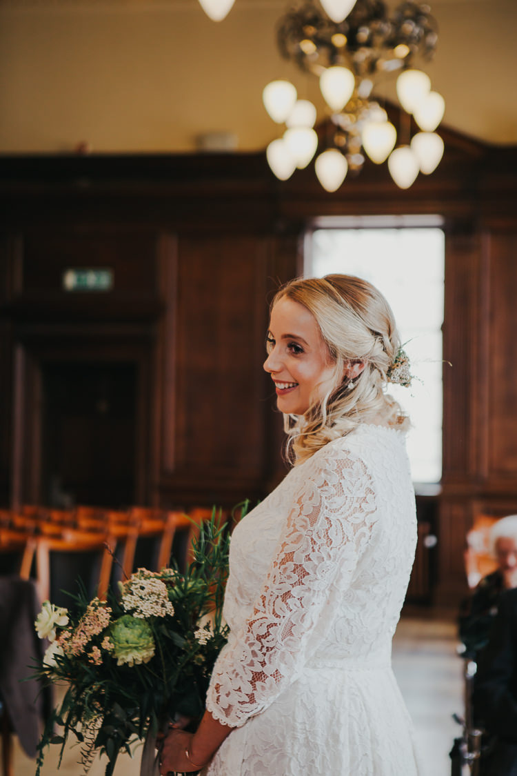 Wedding Civil Ceremony Town Hall Aisle Bride Greenery Bouquet Natural | Cool Edinburgh City Elopement http://www.arcadiancity.co.uk/