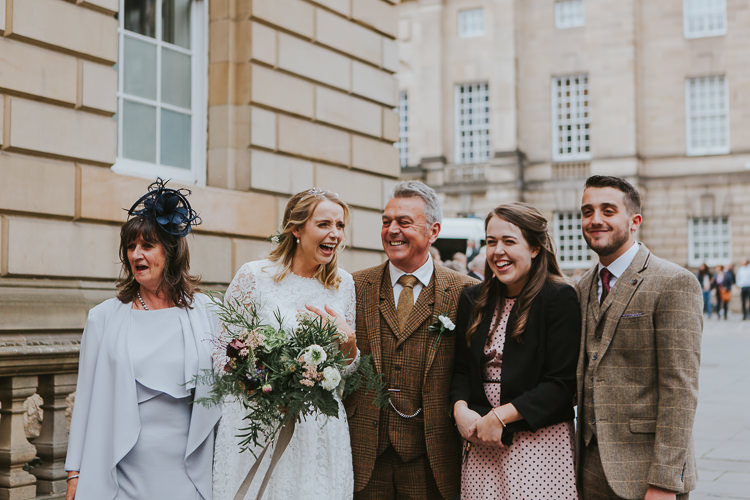 Wedding Bride Groom Greenery Bouquet City Photography Family Group | Cool Edinburgh City Elopement http://www.arcadiancity.co.uk/