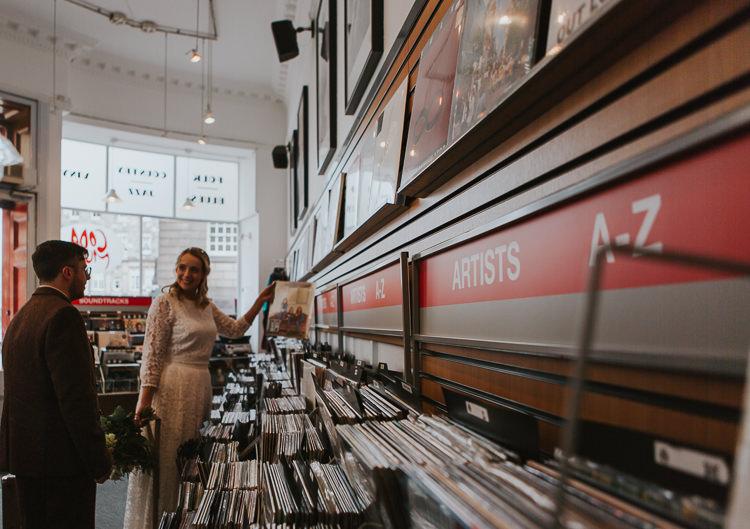 Wedding Bride Groom Vinyl Shop City Photography Scotland | Cool Edinburgh City Elopement http://www.arcadiancity.co.uk/