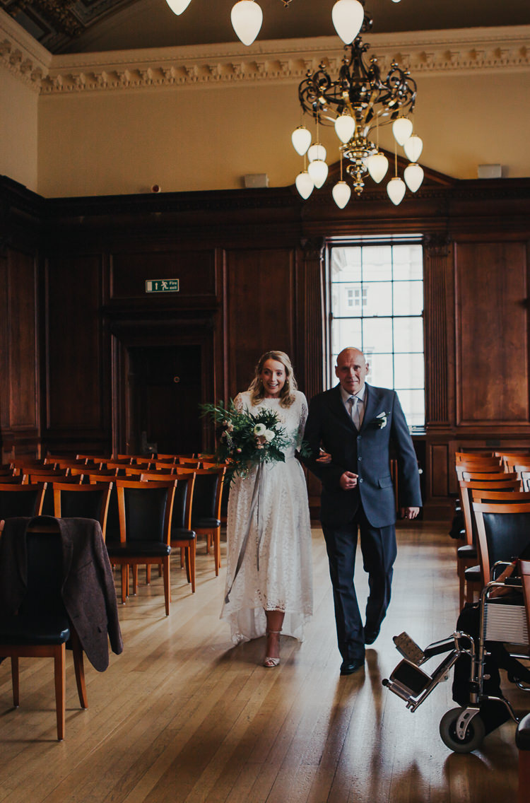 Wedding Civil Ceremony Town Hall Aisle Bride Father Bouquet | Cool Edinburgh City Elopement http://www.arcadiancity.co.uk/