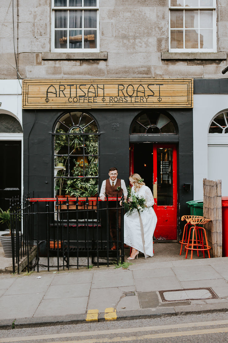 Wedding Bride Groom City Photography Streets Hipster Coffee Shop Scotland | Cool Edinburgh City Elopement http://www.arcadiancity.co.uk/