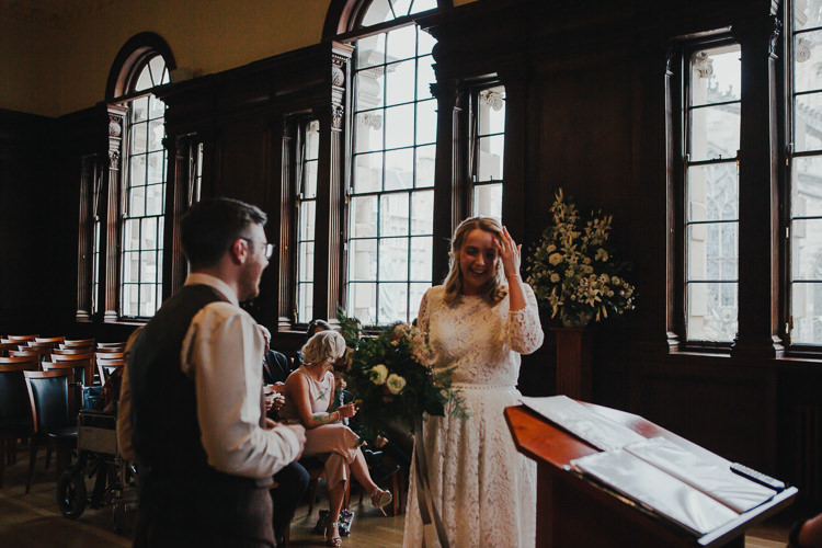 Wedding Civil Ceremony Town Hall Aisle Bride Groom Bouquet | Cool Edinburgh City Elopement http://www.arcadiancity.co.uk/