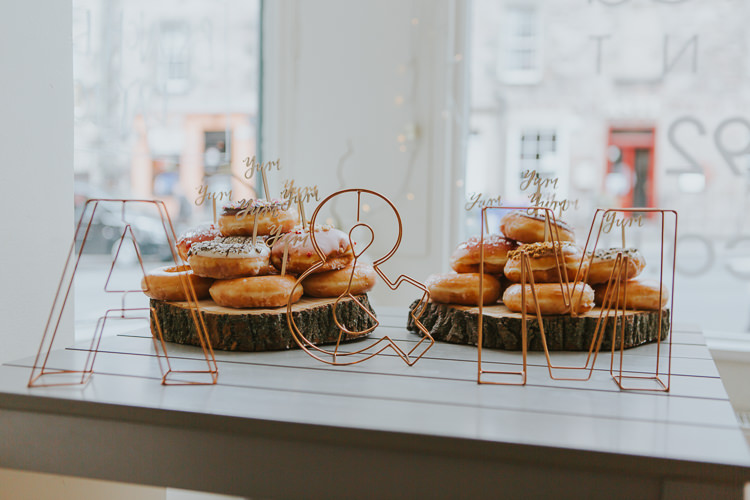 Wedding Bride Groom City Photography Doughnuts Desserts Copper Letters | Cool Edinburgh City Elopement http://www.arcadiancity.co.uk/