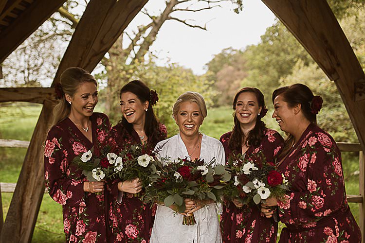 Floral Dressing Gowns Bride Bridesmaids Beautiful Vibrant Dark Red Autumn Wedding http://thespringles.com/