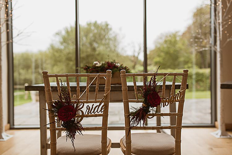 Bride Groom Chair Decor Sign Beautiful Vibrant Dark Red Autumn Wedding http://thespringles.com/