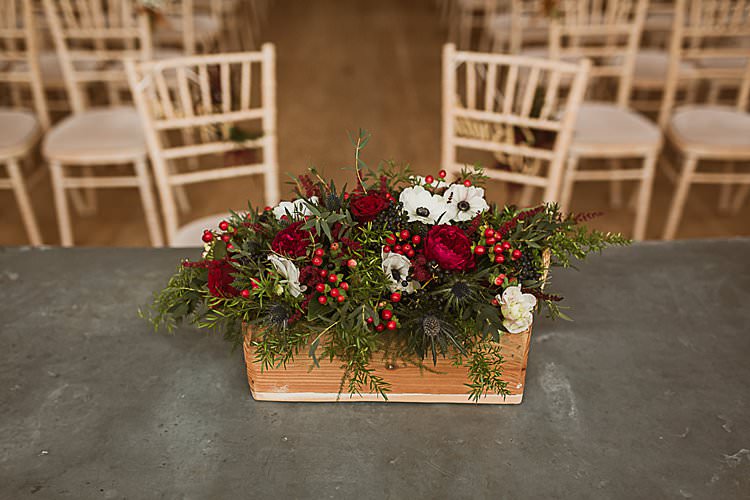 Wooden Box Flowers Beautiful Vibrant Dark Red Autumn Wedding http://thespringles.com/