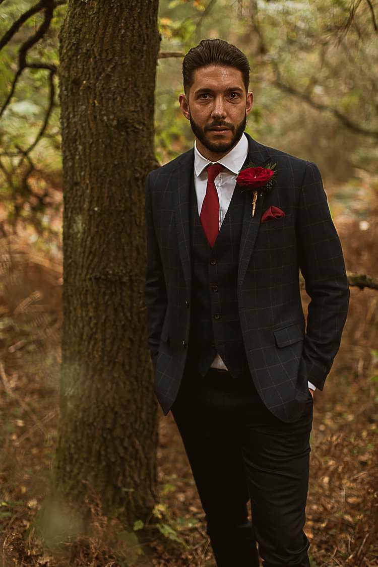 Check Tweed Suit Groom Beautiful Vibrant Dark Red Autumn Wedding http://thespringles.com/