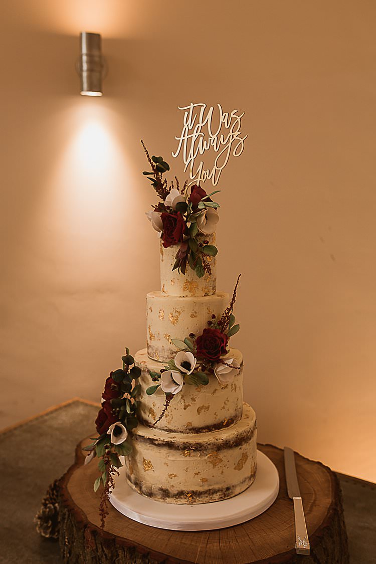 Naked Buttercream Cake Flowers Topper Beautiful Vibrant Dark Red Autumn Wedding http://thespringles.com/
