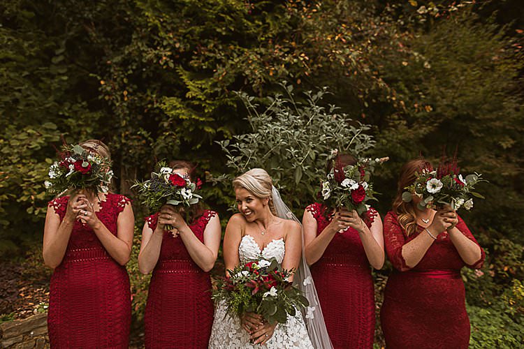 Bridesmaids Lace Beautiful Vibrant Dark Red Autumn Wedding http://thespringles.com/