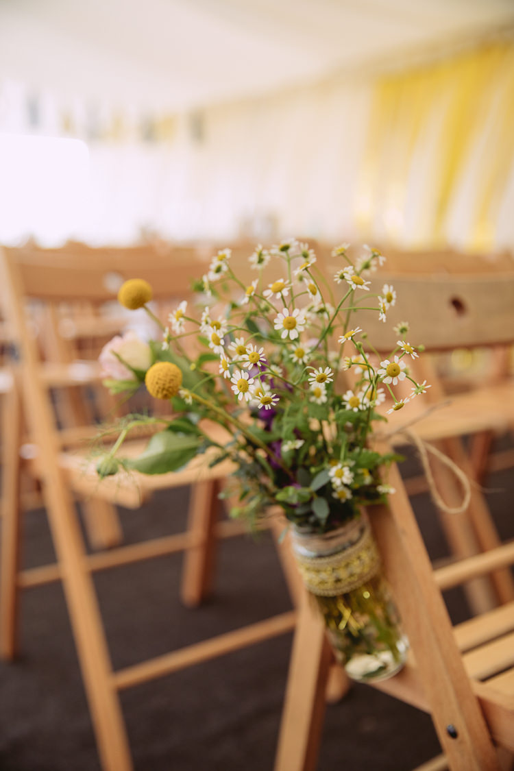Daisies Craspedia Chair Aisle Pew End Decor Flowers Jar Geenery Gorgeous Gold Navy Wow Factor Wedding http://hayleybaxterphotography.com/