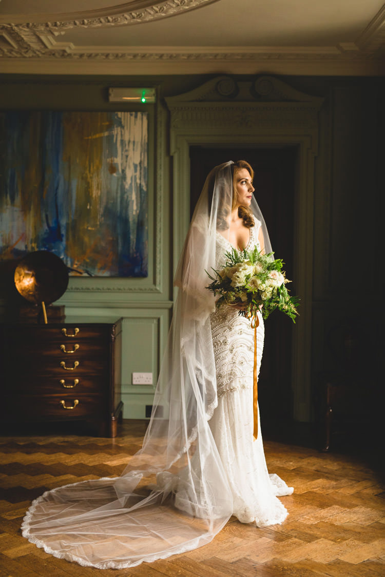 Bride Bridal Veil Dress Gown Embellished Fishtail Bouquet Ribbon Gold Sequins Marble Greenery Vintage Glamour Wedding https://www.tobiahtayo.com/