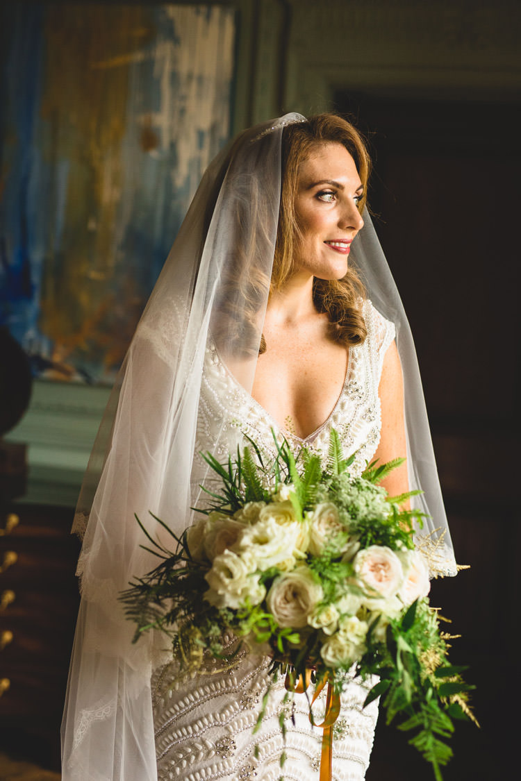 Bride Bridal Veil Dress Gown Embellished Fishtail Bouquet Greenery Rose White Ribbon Gold Sequins Marble Greenery Vintage Glamour Wedding https://www.tobiahtayo.com/