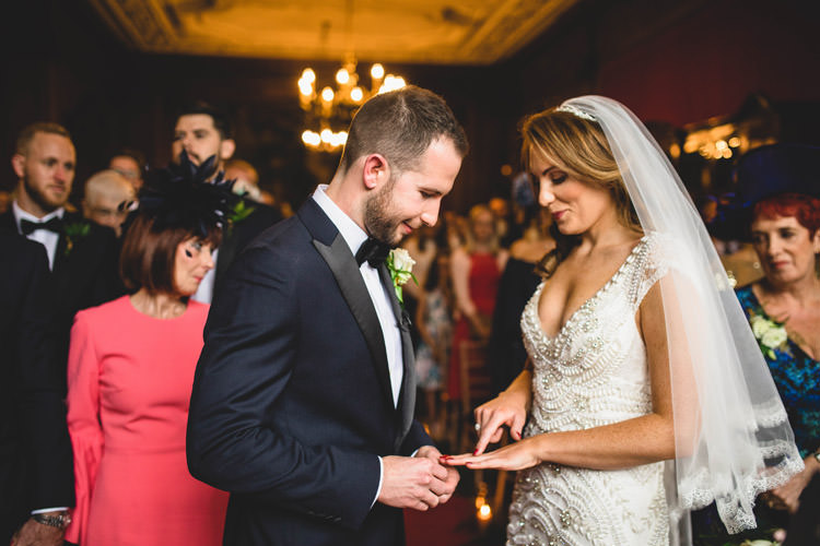 Bride Bridal Veil Dress Gown Embellished Fishtail Moss Bros Groom Navy Dinner Jacket Tuxedo Bow Tie Gold Sequins Marble Greenery Vintage Glamour Wedding https://www.tobiahtayo.com/