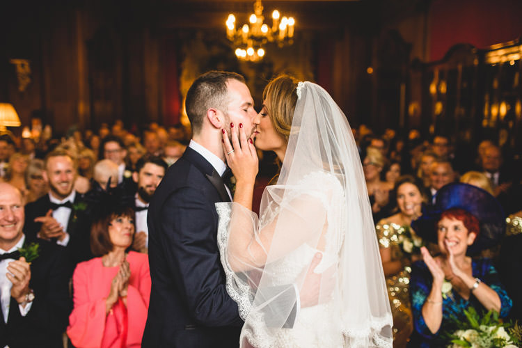 Bride Bridal Veil Dress Gown Embellished Fishtail Moss Bros Groom Navy Dinner Jacket Tuxedo Bow Tie Gold Sequins Marble Greenery Vintage Glamour Wedding https://www.tobiahtayo.com/