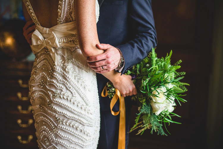 Bride Bridal Veil Dress Gown Embellished Fishtail Moss Bros Groom Navy Dinner Jacket Tuxedo Gold Sequins Marble Greenery Vintage Glamour Wedding https://www.tobiahtayo.com/