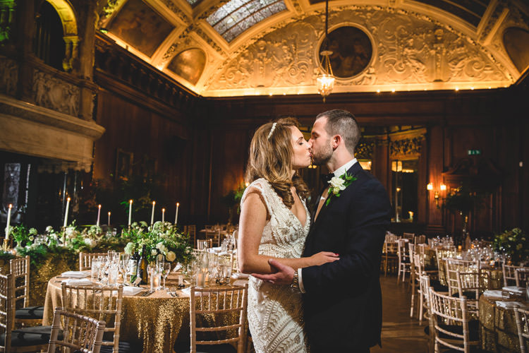 Bride Bridal Veil Dress Gown Embellished Fishtail Moss Bros Groom Navy Dinner Jacket Tuxedo Bow Tie Gold Sequins Marble Greenery Vintage Glamour Wedding https://www.tobiahtayo.com/
