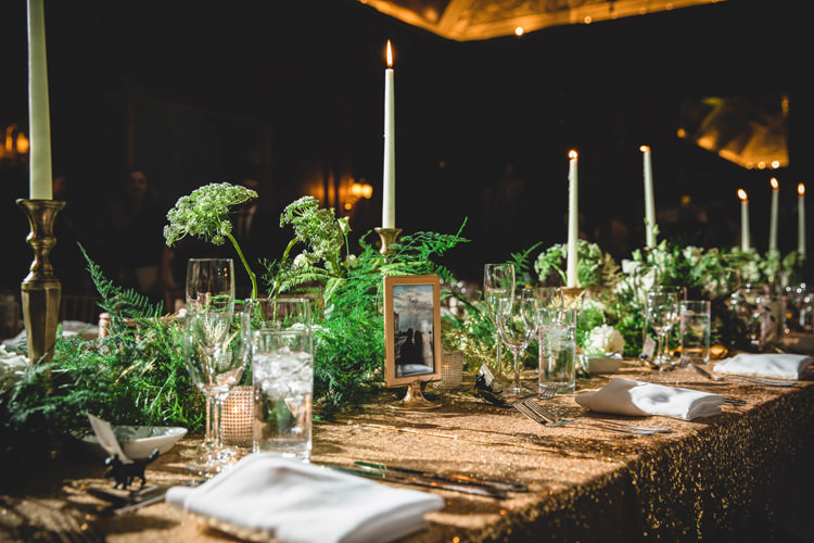 Greenery Candlesticks Top Table Gold Sequins Marble Greenery Vintage Glamour Wedding https://www.tobiahtayo.com/