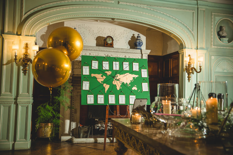 World Map Green Table Plan Seating Chart Gold Helium Balloons Gold Sequins Marble Greenery Vintage Glamour Wedding https://www.tobiahtayo.com/
