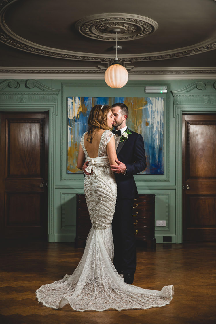 Bride Bridal Veil Dress Gown Embellished Fishtail Moss Bros Groom Navy Dinner Jacket Tuxedo Bow Tie Gold Sequins Marble Greenery Vintage Glamour Wedding https://www.tobiahtayo.com/