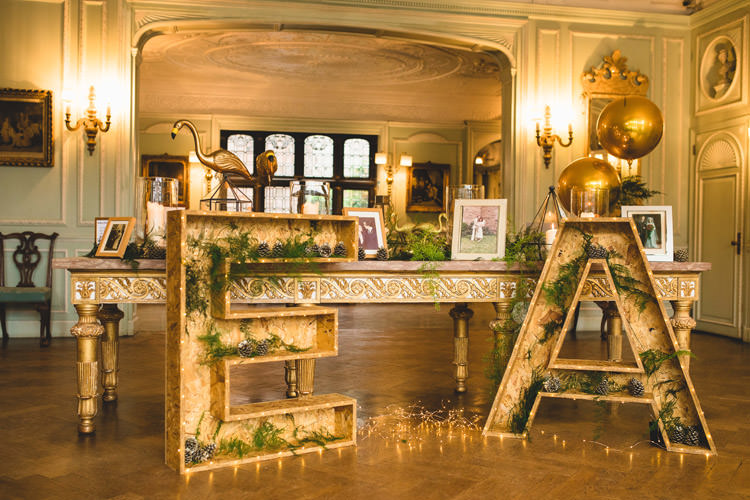 Welcome Table Guest Book Giant Wooden Letter Foliage Greenery Fairy Lights Gold Sequins Marble Greenery Vintage Glamour Wedding https://www.tobiahtayo.com/