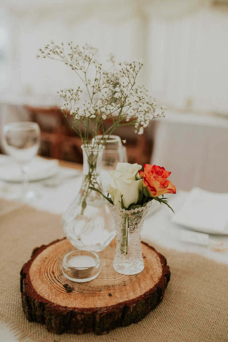 Wood Slice Glass Vase Gypsophila Rose Table Centre Rustic Country Fun Autumn Farm Wedding http://natalyjphotography.com/