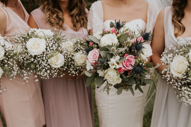 Bride Bridal Bridesmaids Bouquet Gypsophila Thistle Rose Blush Pink Rustic Country Fun Autumn Farm Wedding http://natalyjphotography.com/