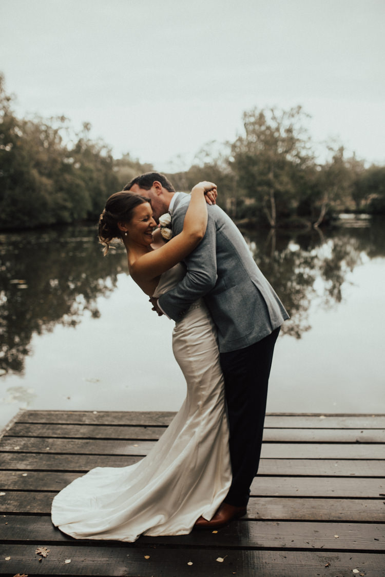 Bride Bridal Dress Gown Suit Supply Groom Mismatched Grey Blue Jacket Three Piece Waistcoat Rustic Country Fun Autumn Farm Wedding http://natalyjphotography.com/