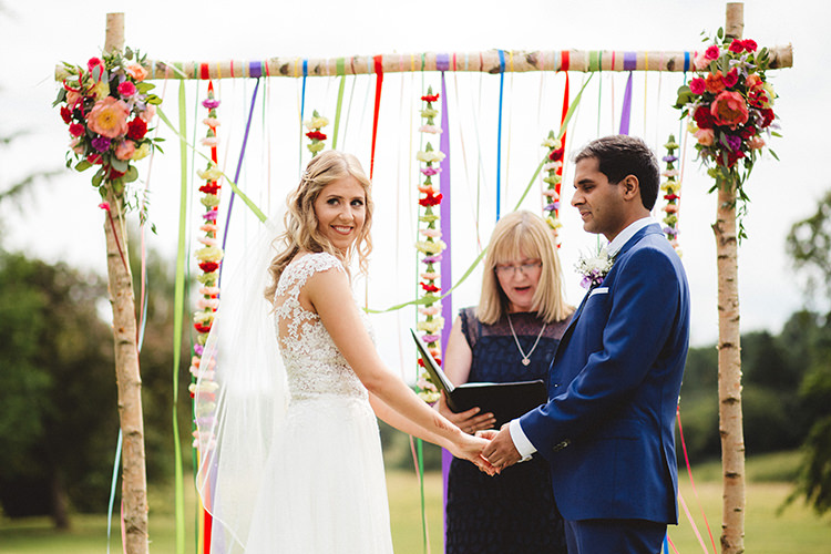 Ribbons Flowers Branch Backdrop Ceremony English Country Garden Wedding Colourful Indian Party https://www.maytreephotography.co.uk/