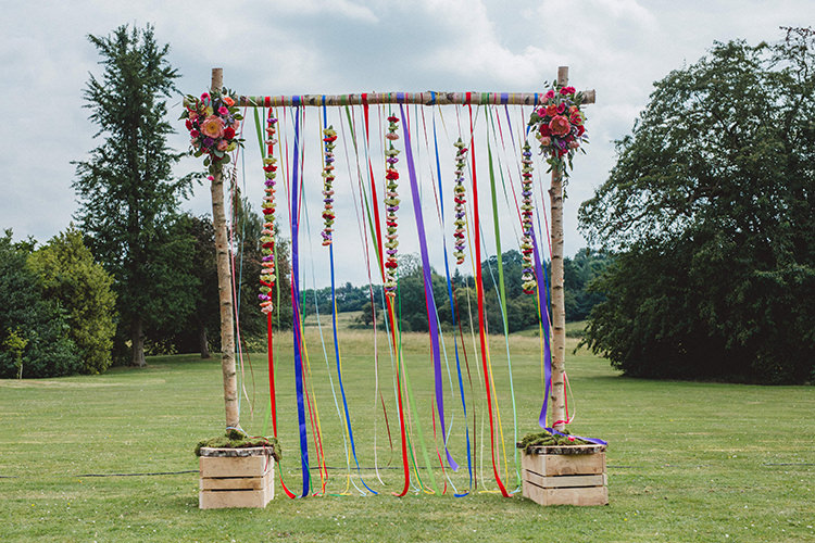 Ribbons Flowers Branch Backdrop Ceremony English Country Garden Wedding Colourful Indian Party https://www.maytreephotography.co.uk/