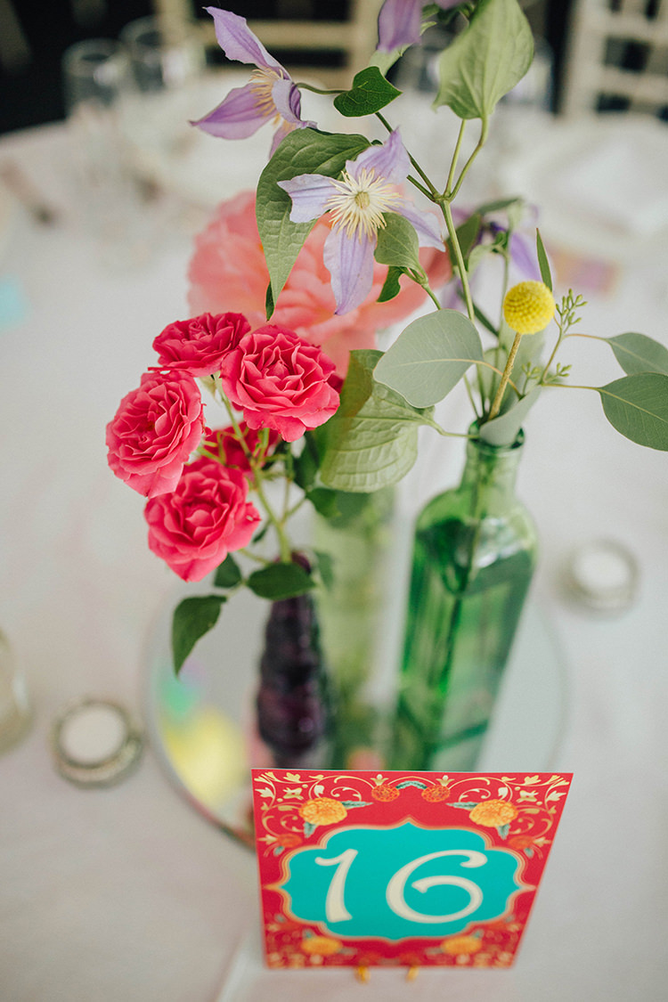 Flowers Bottles Decor Tables English Country Garden Wedding Colourful Indian Party https://www.maytreephotography.co.uk/