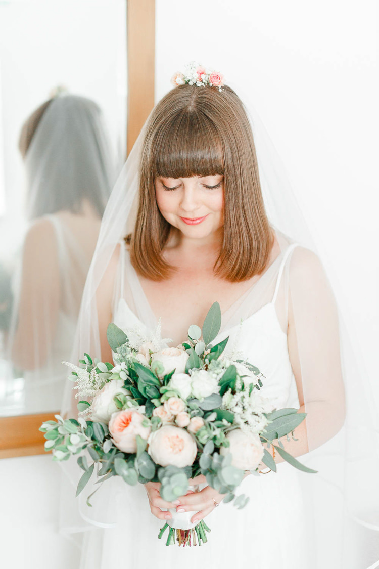Hair Bride Bridal Short Bob Fringe Flowers Light Airy Pretty Pastel Pink Wedding http://whitestagweddings.com/