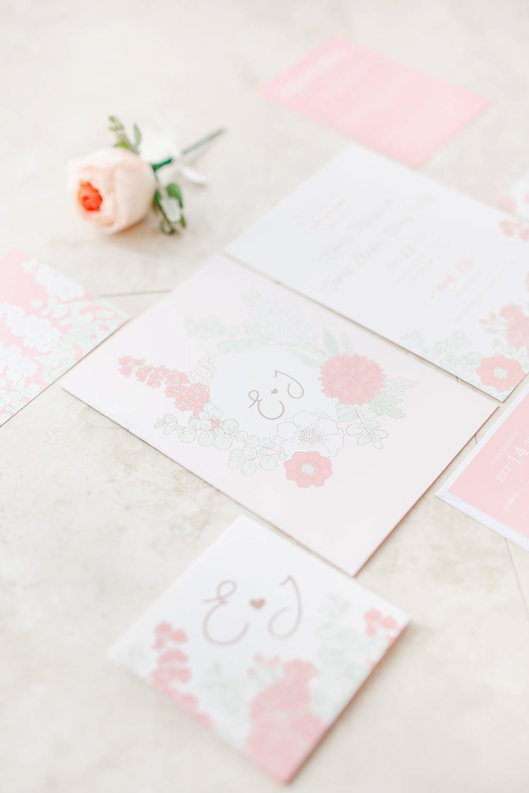 Floral Stationery Invites Invitaions Light Airy Pretty Pastel Pink Wedding http://whitestagweddings.com/