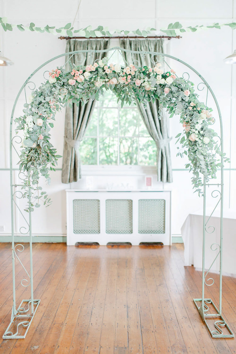 Rose Eucalyptus Greenery Flowers Arch Backdrop Ceremony Light Airy Pretty Pastel Pink Wedding http://whitestagweddings.com/