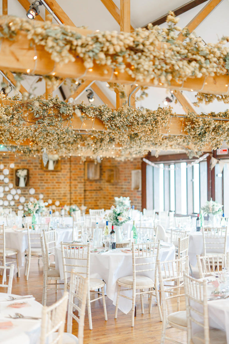Barn Hops Beams Fairy Lights Light Airy Pretty Pastel Pink Wedding http://whitestagweddings.com/