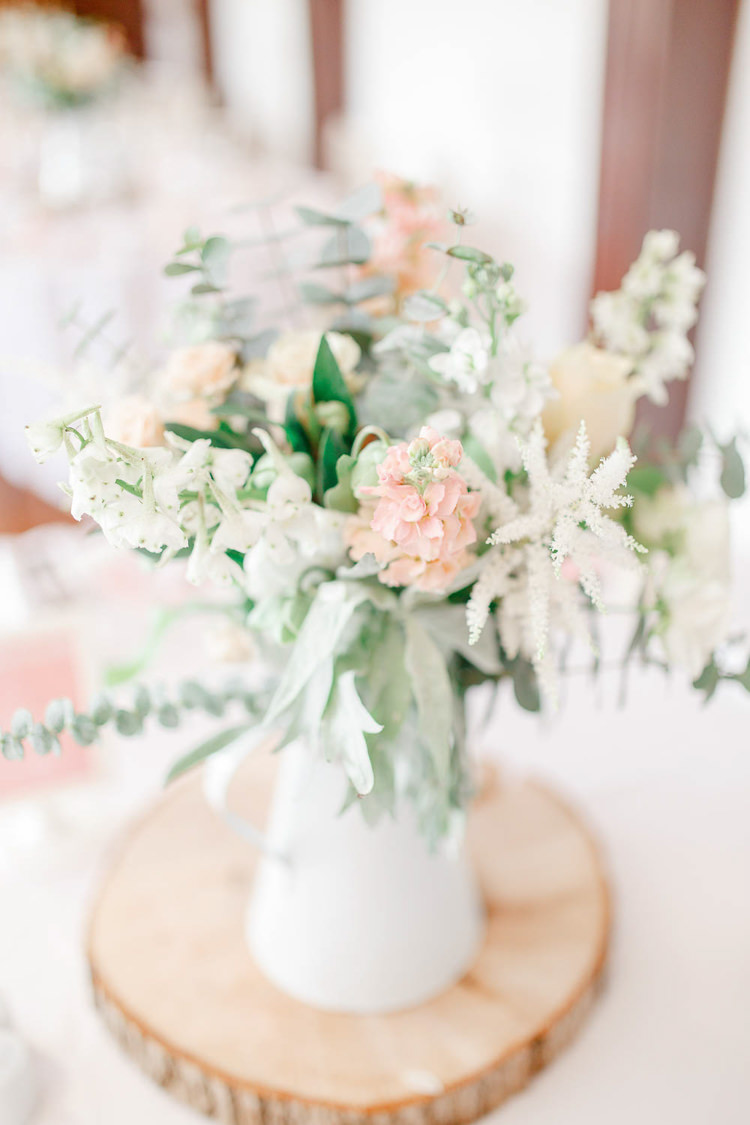 Rose Eucalyptus Flowers Astilbe Log Stand Jug Light Airy Pretty Pastel Pink Wedding http://whitestagweddings.com/