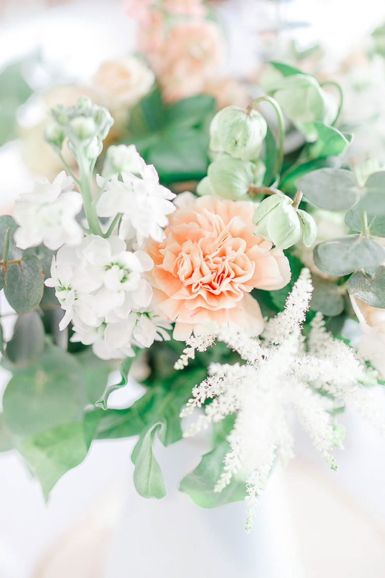 Rose Eucalyptus Flowers Astilbe Log Stand Jug Light Airy Pretty Pastel Pink Wedding http://whitestagweddings.com/