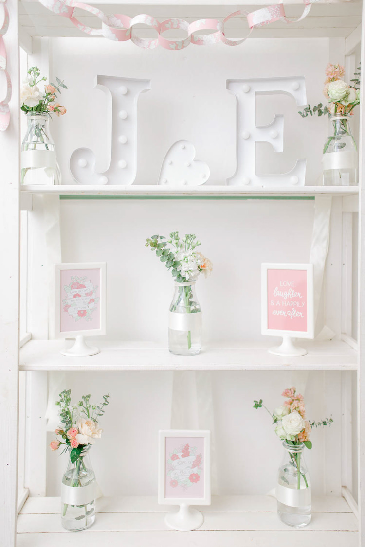Dresser Furniture Decor Flowers Bottles Light Airy Pretty Pastel Pink Wedding http://whitestagweddings.com/