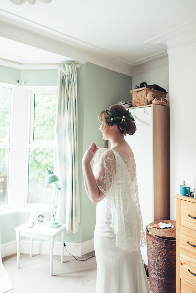 Bride Morning Prep Caped Silk Dress Foliage Relaxed Updo Bright | Greenery Burgundy City Autumn Wedding http://lisahowardphotography.co.uk/