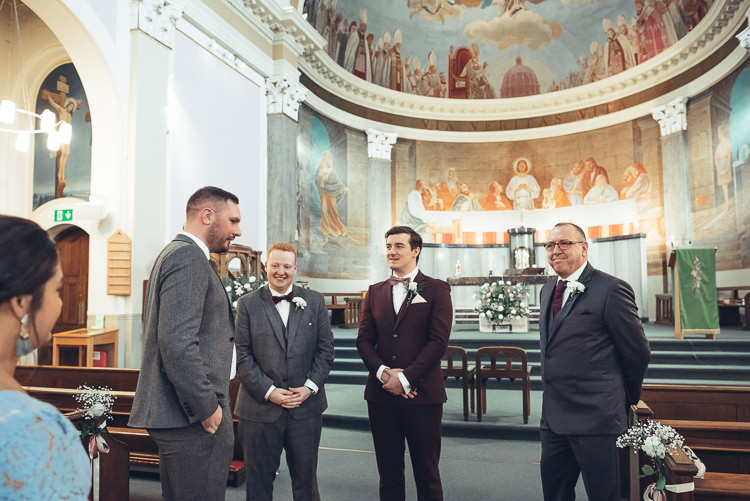 Groom Groomsmen Ushers Church Aisle Morning Grey Burgundy Suit | Greenery Burgundy City Autumn Wedding http://lisahowardphotography.co.uk/