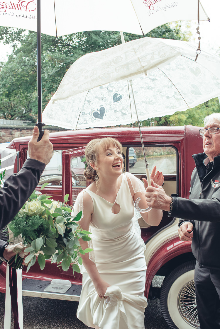 Bride Dress Caped Silk Keyhole September Rain Umbrella Red Vintage Car | Greenery Burgundy City Autumn Wedding http://lisahowardphotography.co.uk/
