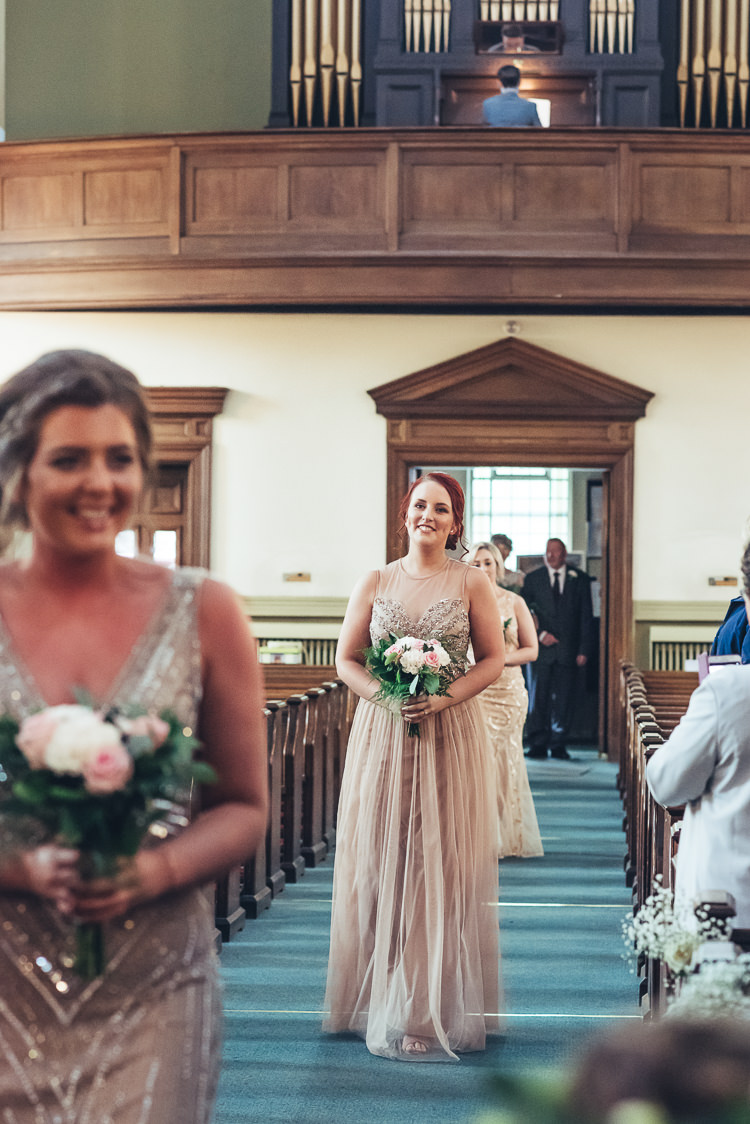 Bridesmaids Aisle Ceremony Organ Church Sequin Blush Champagne Gold Gowns | Greenery Burgundy City Autumn Wedding http://lisahowardphotography.co.uk/