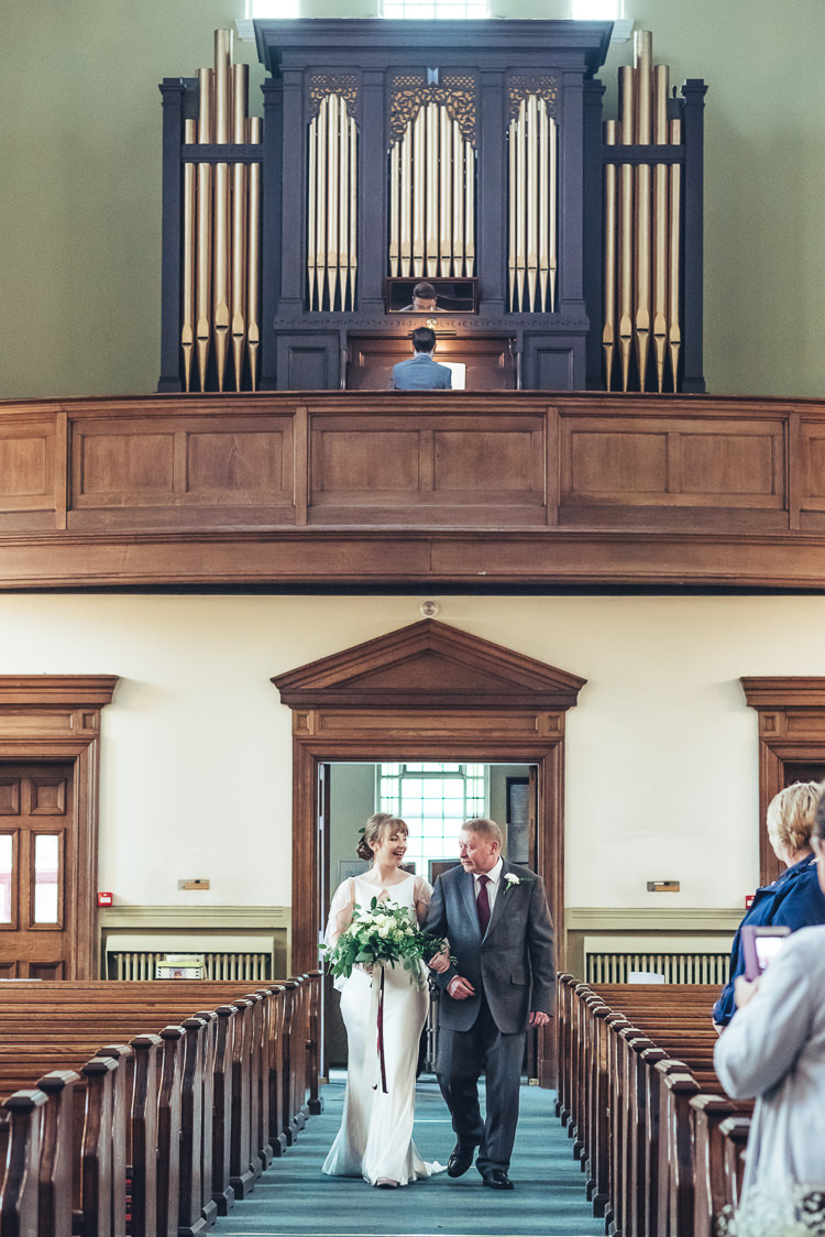 Bride Father Walk Down Aisle Church Ceremony Organ Bouquet Caped Dress | Greenery Burgundy City Autumn Wedding http://lisahowardphotography.co.uk/