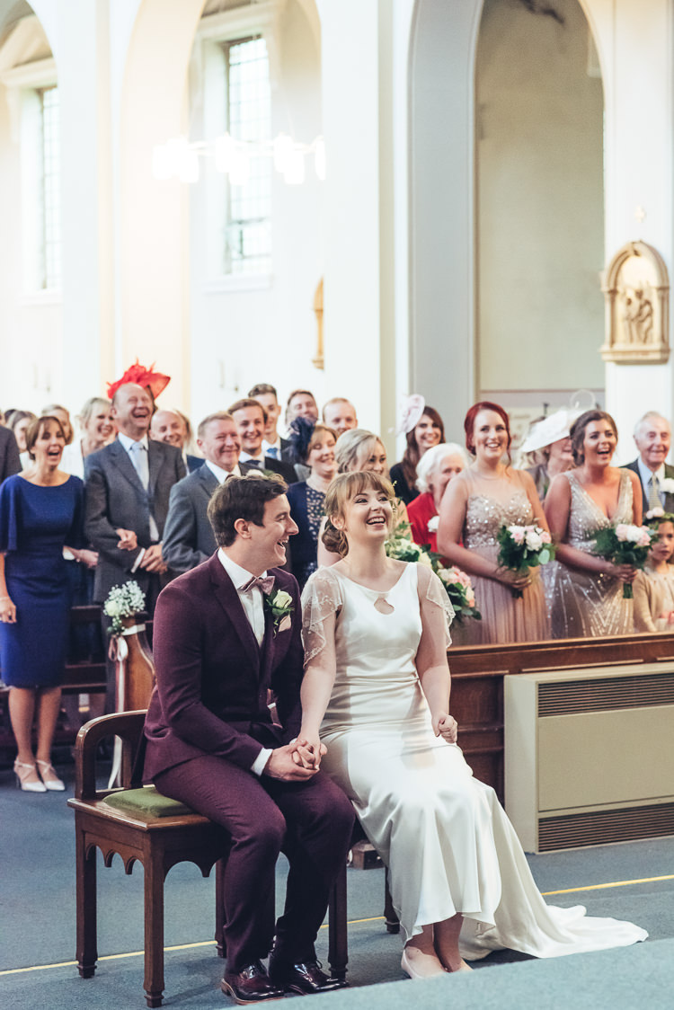 Bride Groom Ceremony Readings Hymns Laughter Bright Airy Bridesmaids Bouquet | Greenery Burgundy City Autumn Wedding http://lisahowardphotography.co.uk/