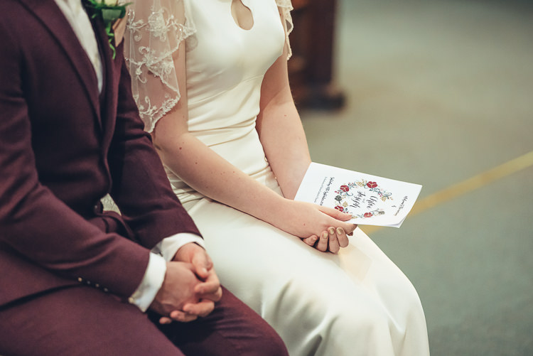 Bride Groom Hands Ceremony Order of Service Burgundy Suit Caped Silk Dress Keyhole | Greenery Burgundy City Autumn Wedding http://lisahowardphotography.co.uk/