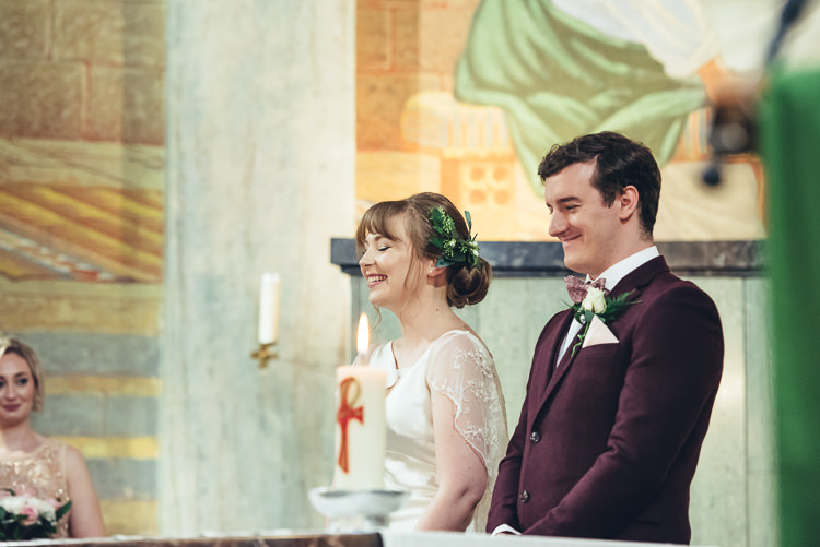 Bride Groom Ceremony Readings Hymns Laughter Bright Airy Foliage Updo | Greenery Burgundy City Autumn Wedding http://lisahowardphotography.co.uk/