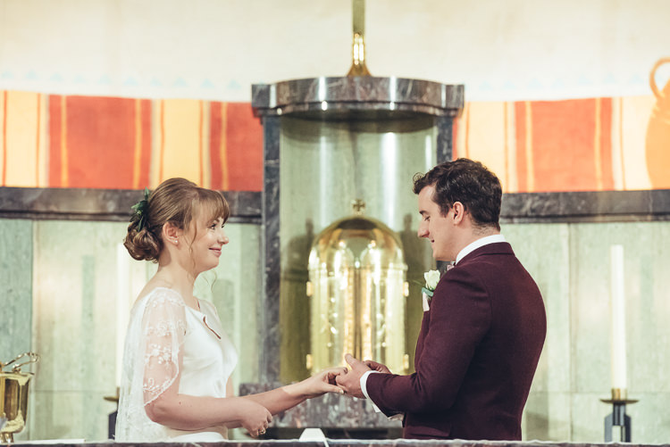 Bride Groom Ceremony Readings Hymns Laughter Altar Exchange Rings Vows | Greenery Burgundy City Autumn Wedding http://lisahowardphotography.co.uk/
