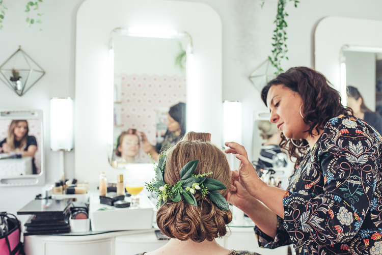 Bride Updo Prep Foliage Makeup Hair Salon | Greenery Burgundy City Autumn Wedding http://lisahowardphotography.co.uk/